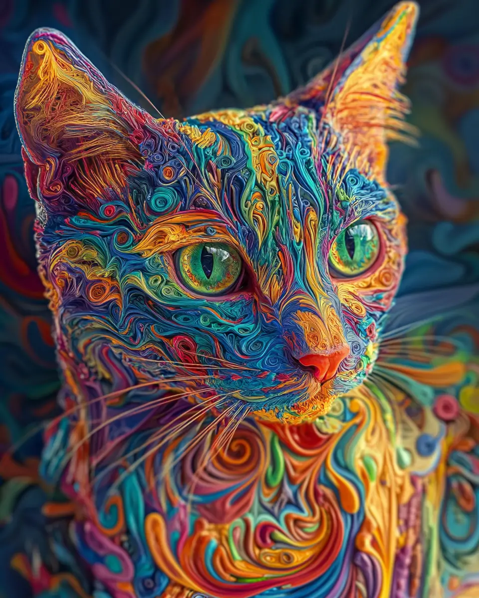 Vivid 3D cat art bursting with intense emotion