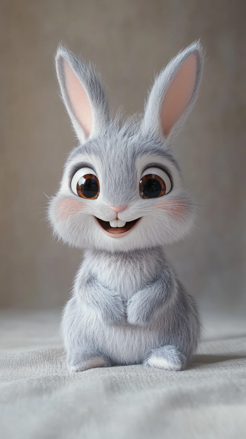 Cute baby rabbit character with joyful smile and big eyes