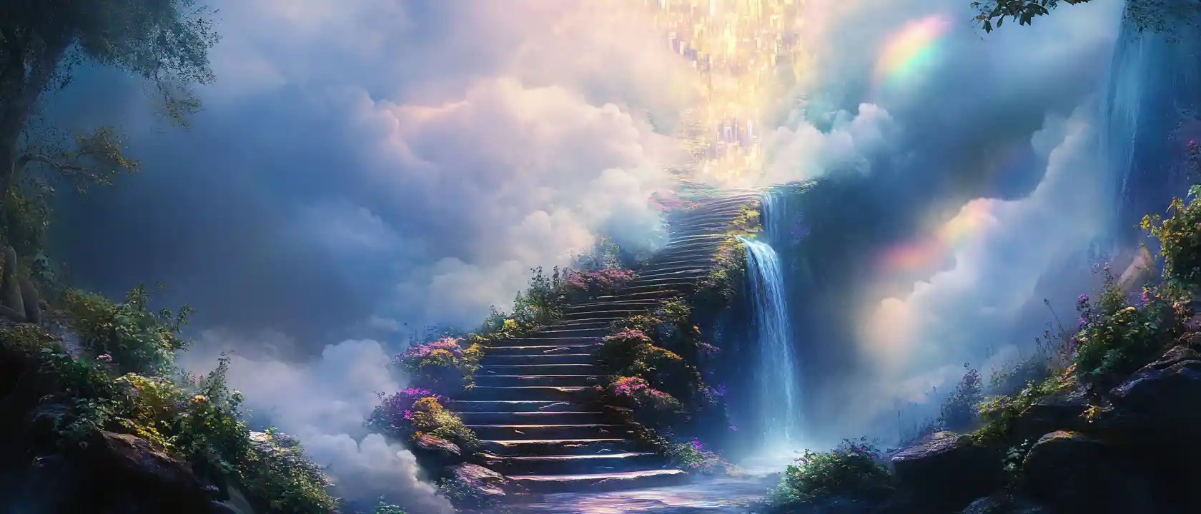 Escalera de Piedra en Espiral Detrás de una Cascada Centelleante