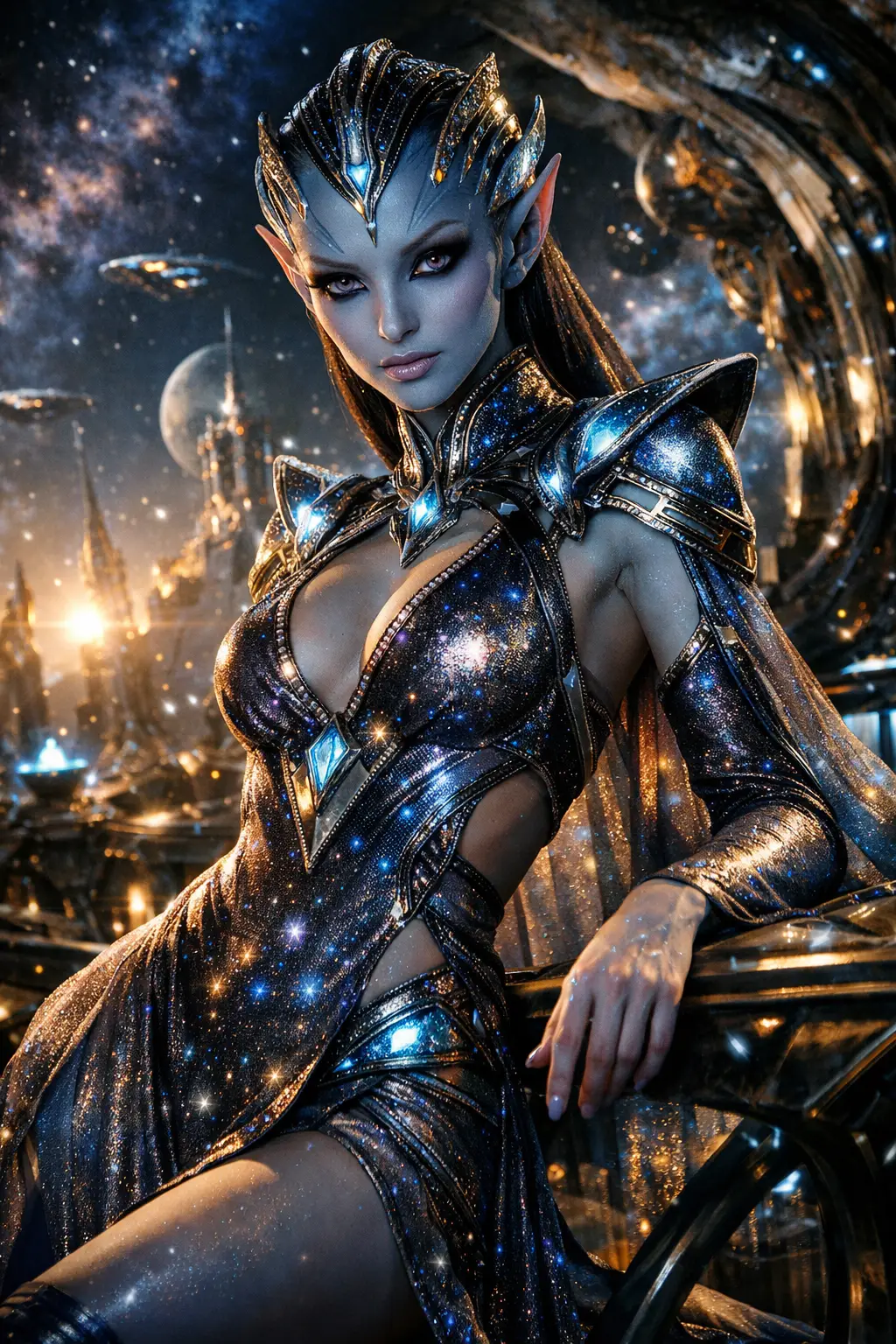 Alien woman in ornate starlight tunic with cinematic lighting