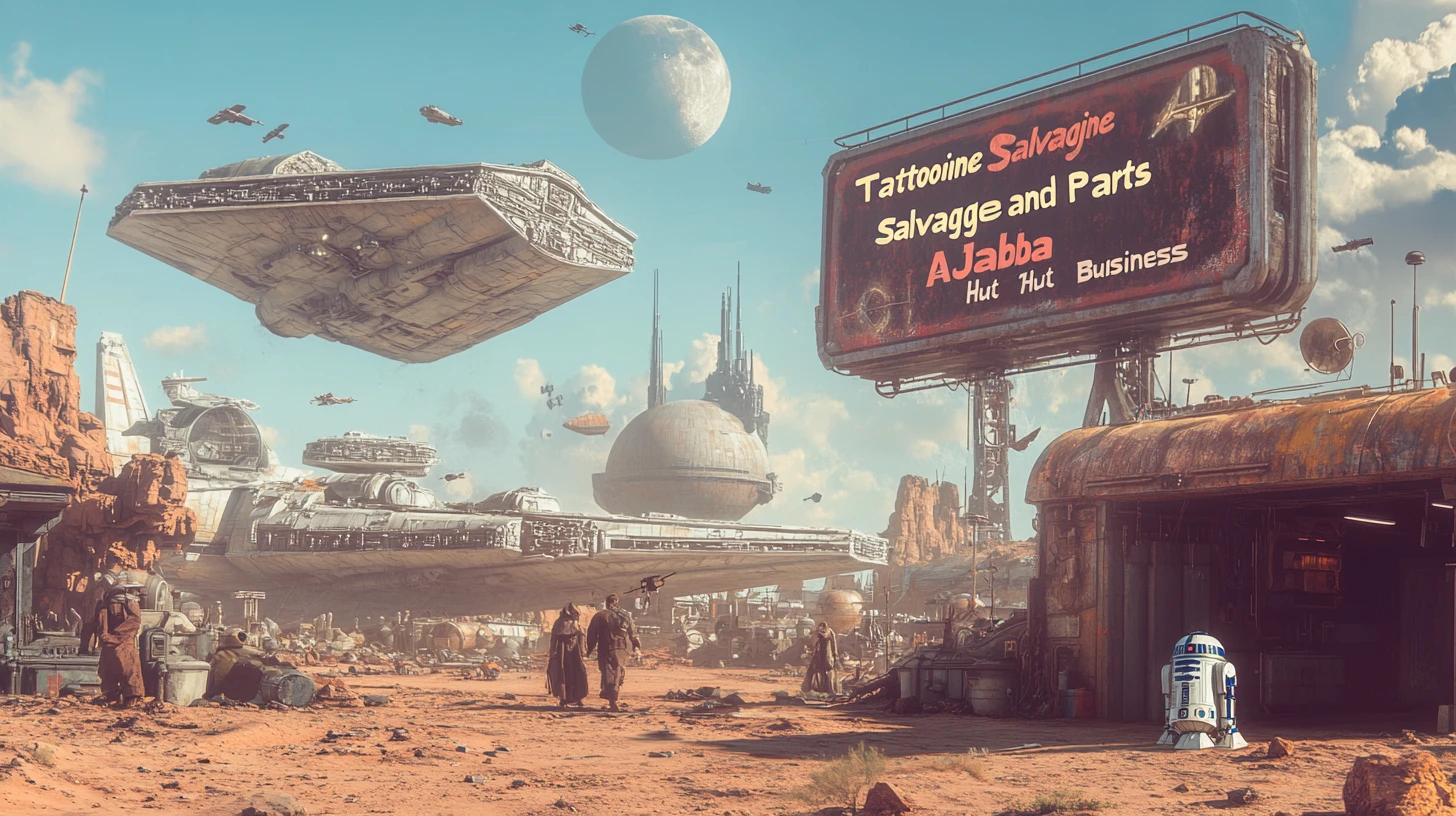 Starship junkyard on a desert planet with scavenging jawas