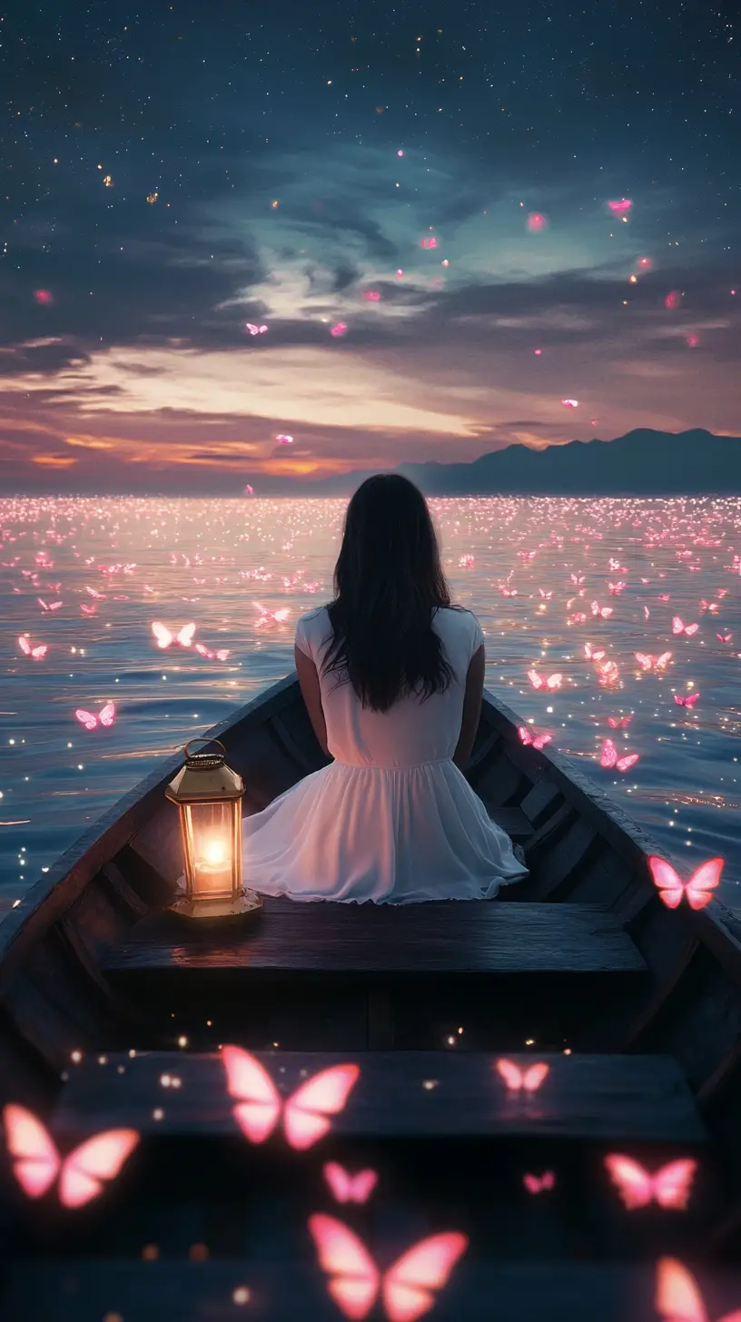 Woman in a rowboat watching floating butterfly lanterns