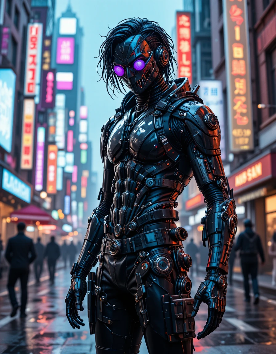 Cyberpunk cyborg posing in a neon futuristic metropolis