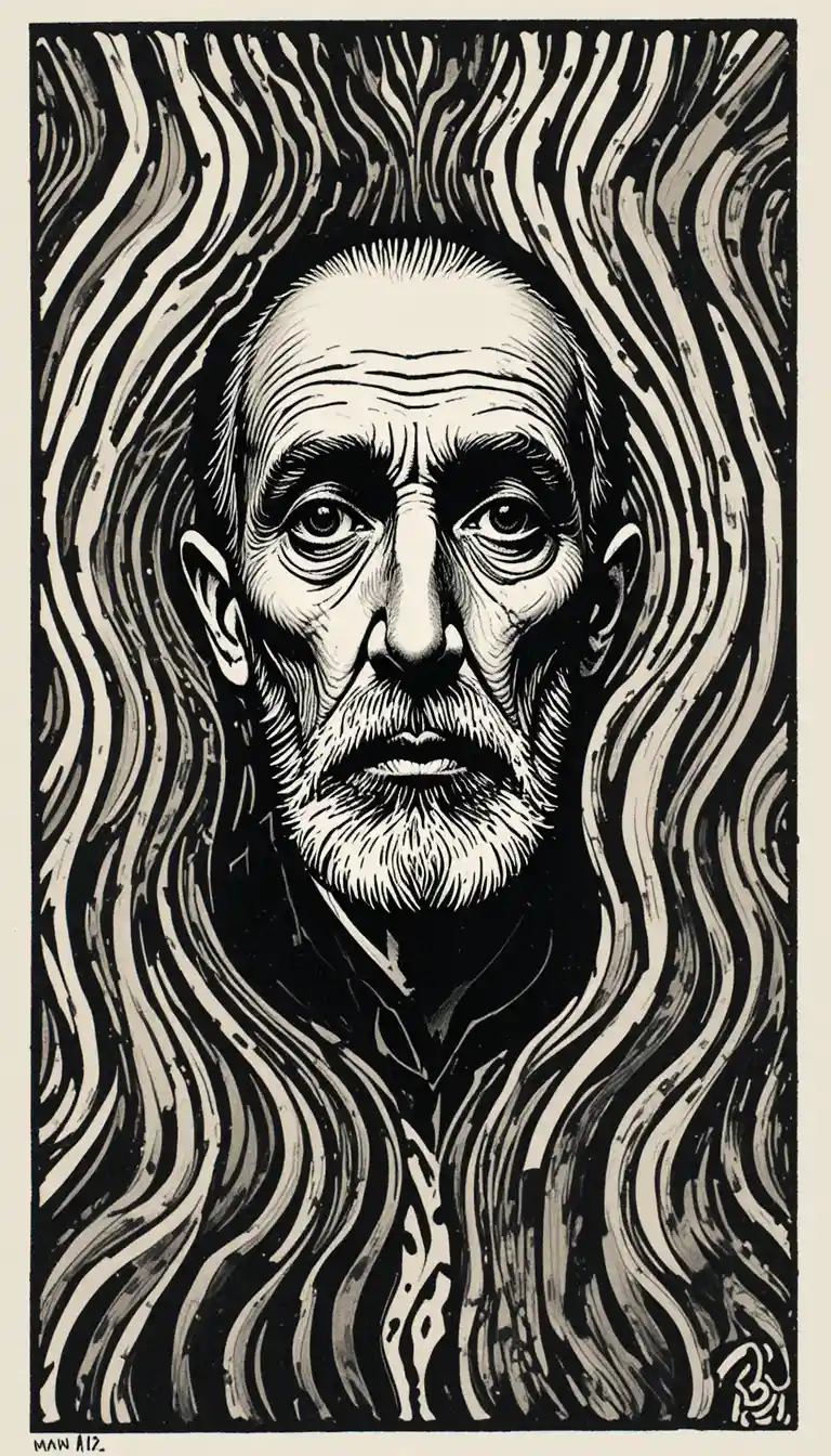 Monochrome linocut portrait of an old man with wavy lines