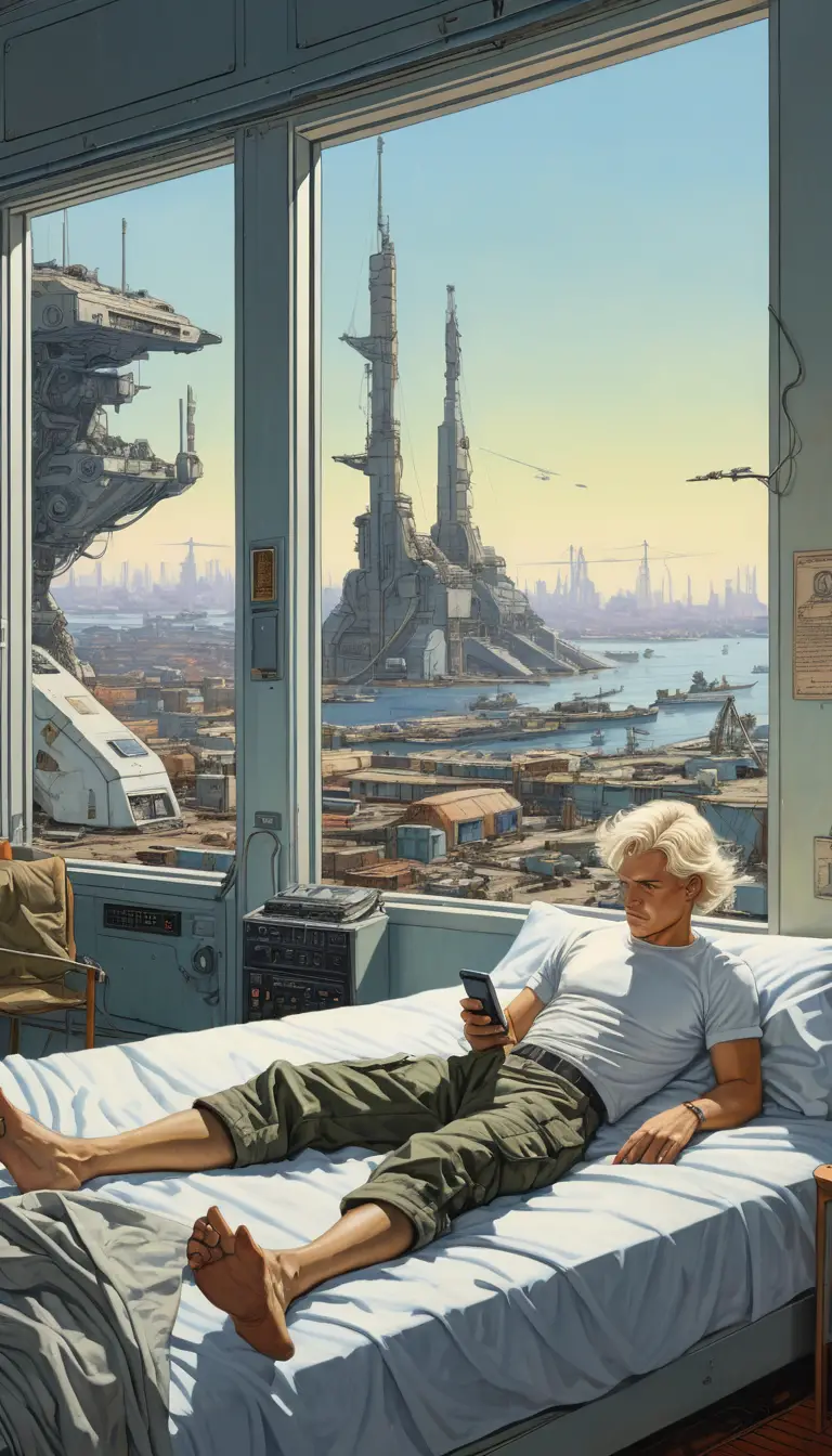 Young man on bed overlooking futuristic industrial harbor