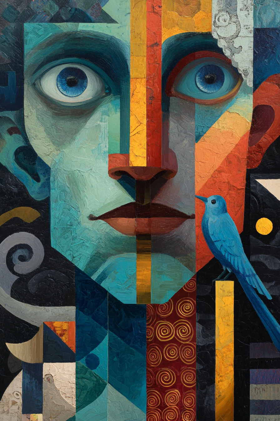 Cubist surreal portrait of an androgynous fragmented face
