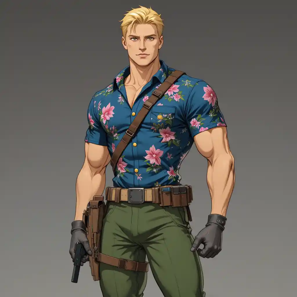 Blond anime sergeant in floral Hawaiian shirt and green pants