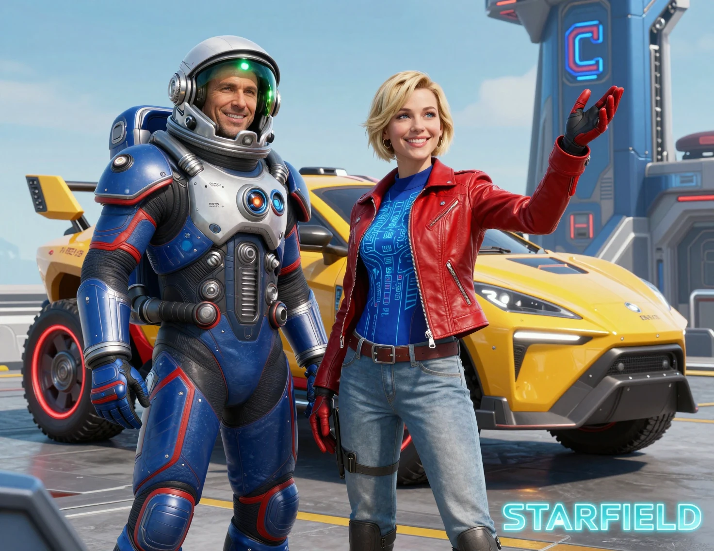 Astronaut and woman on futuristic rooftop with offroad vehicle