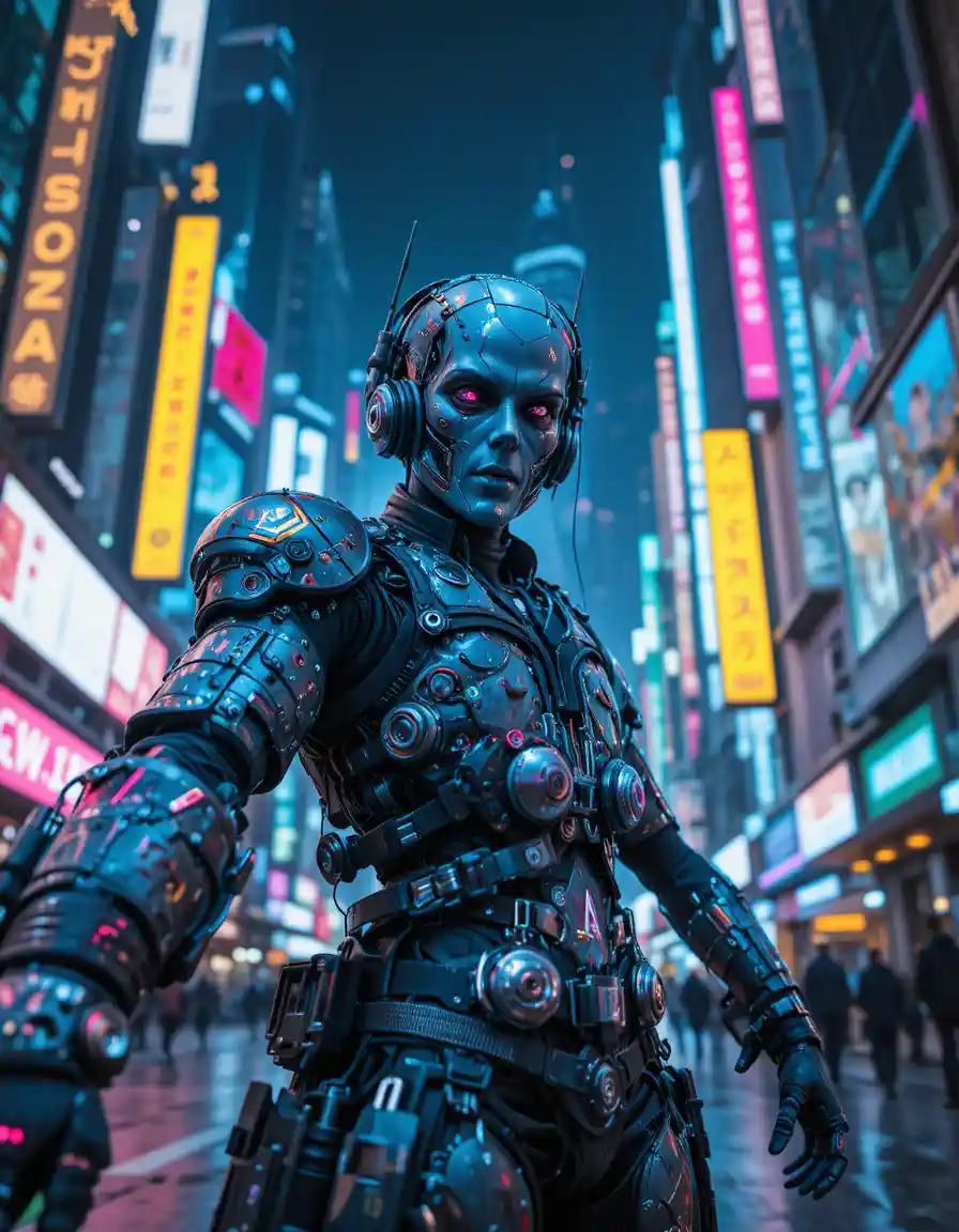 Cyberpunk cyborg guy close up in neon metropolis street