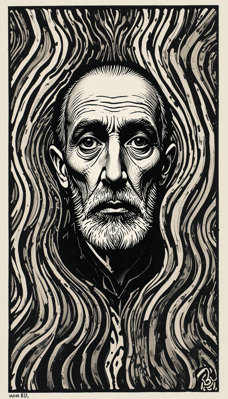 Retrato monocromático en linograbado de un anciano con líneas onduladas