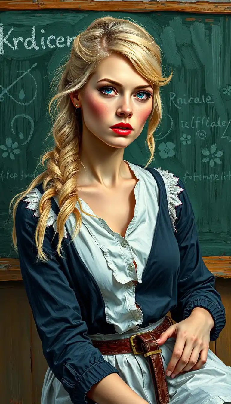Blonde Teacher Sitting On Desk In Front Of Chalkboard
