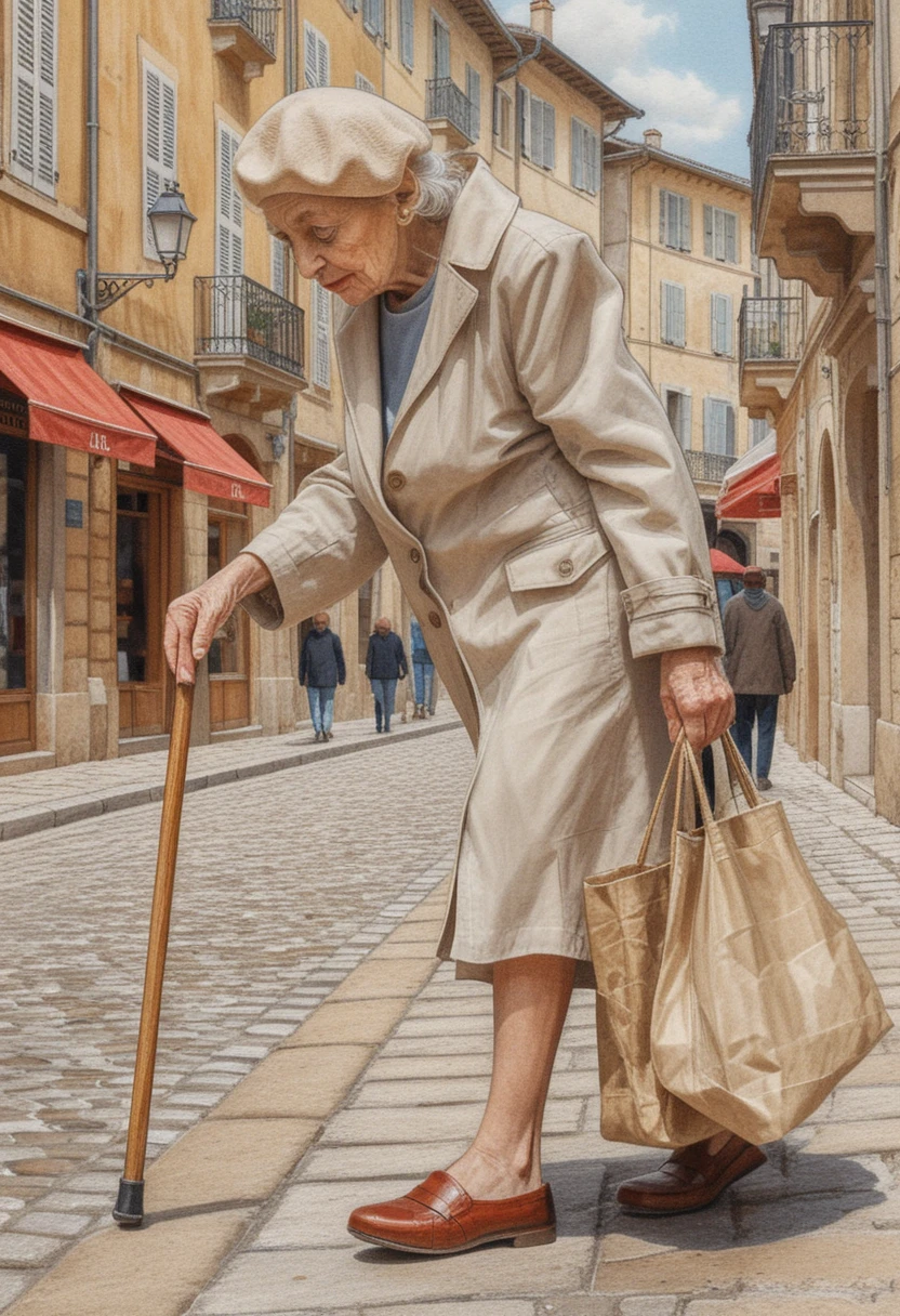 Elderly woman walking alone on a sunny cobblestone street
