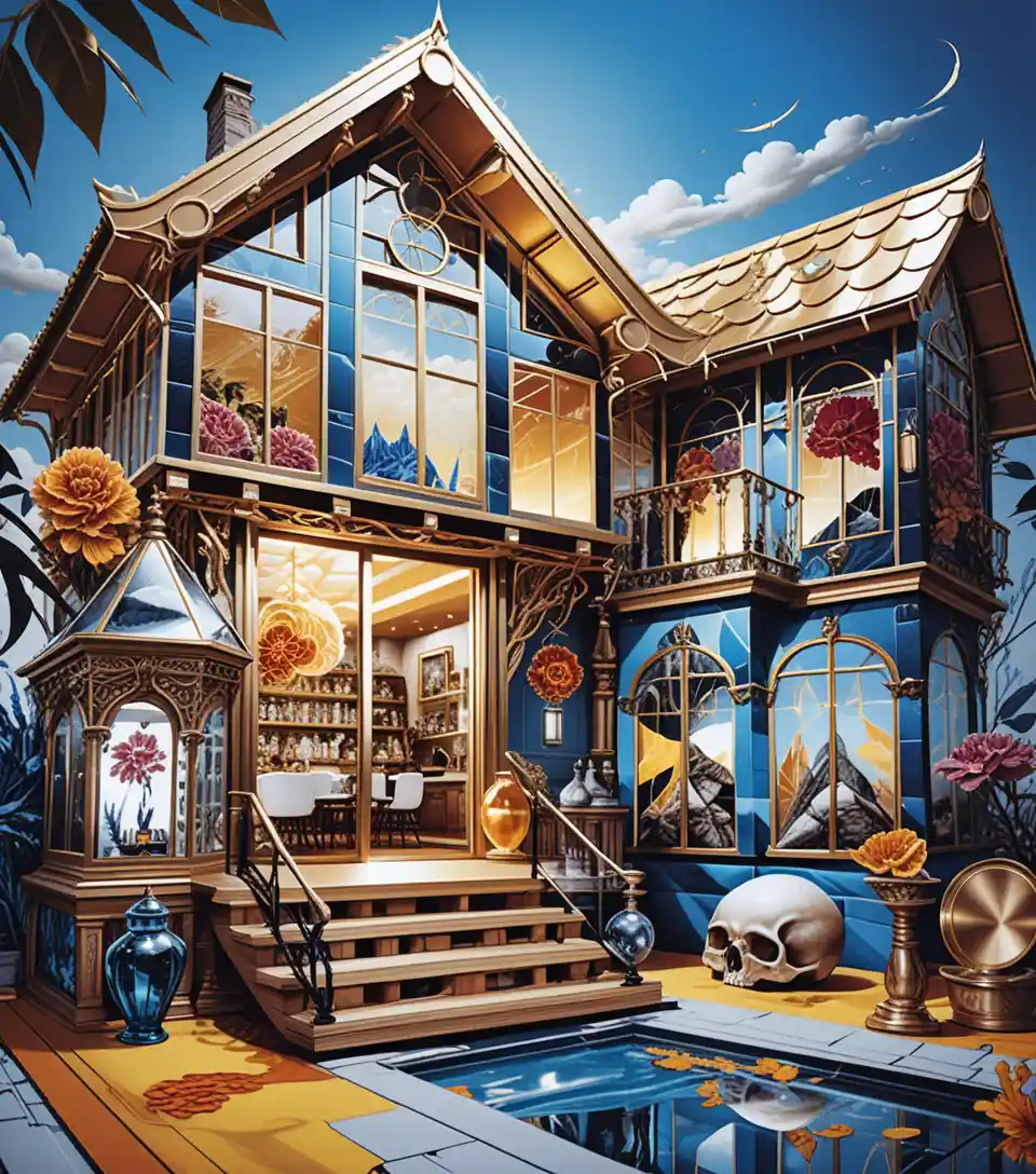 Stylized two story fantasy house interior cutaway illustration