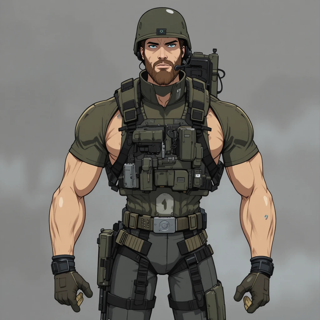 Sargento de exército em anime com headset e equipamento tático