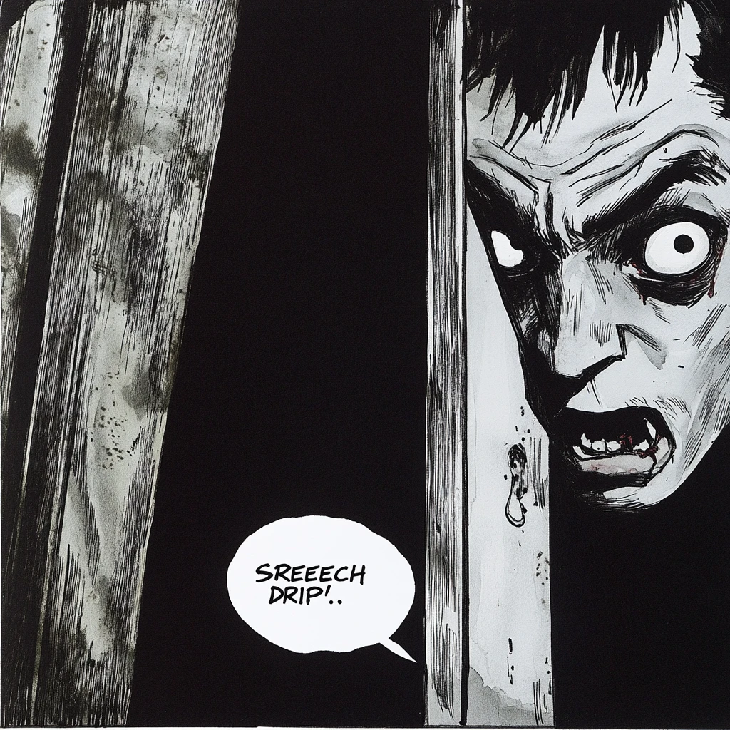 Monstruo grotesco emergiendo de las sombras en cómic de terror