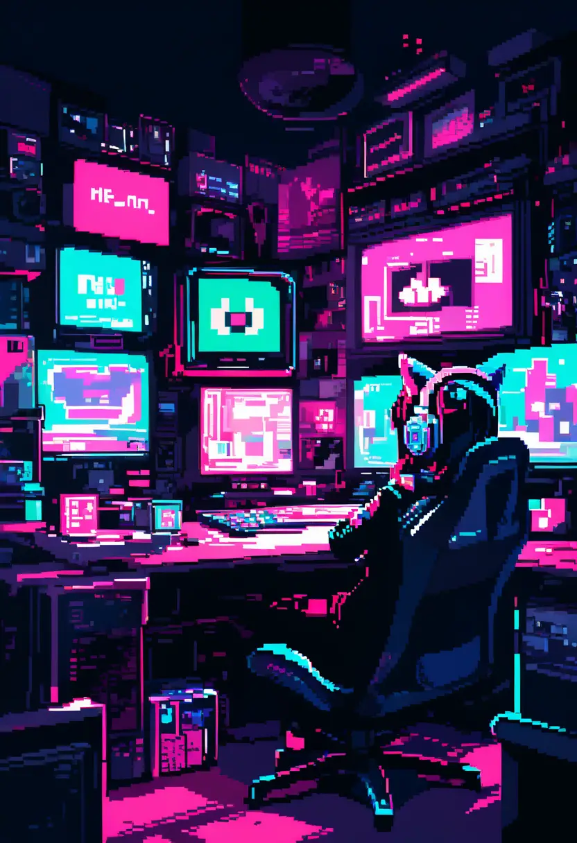 Pixel art gamer girl in a cozy neon lit bedroom
