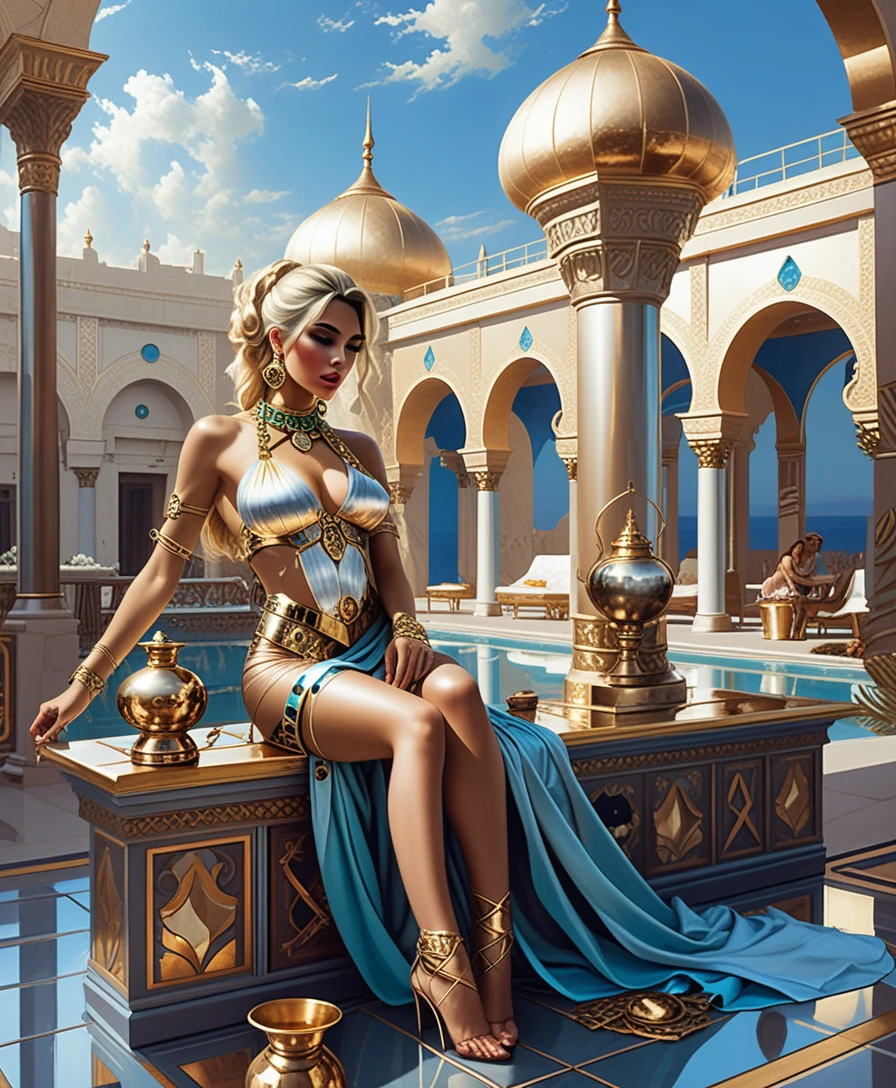 Glamorous woman in a byzantine courtyard at twilight