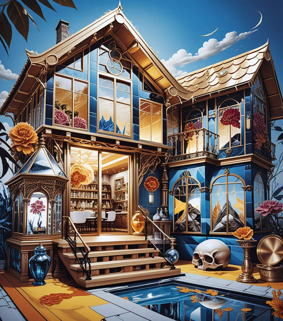 Stilisierte Schnittillustration eines zweistöckigen Fantasy-Haus-Innenraums