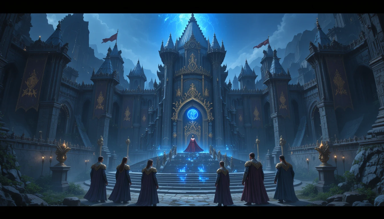 Six fantasy princes in jeweled armor before a mountain throne hall