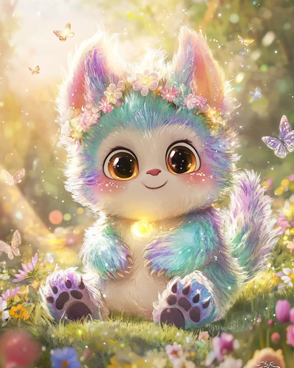 Whimsical Baby Fantasy Creature In Pastel Watercolor Meadow