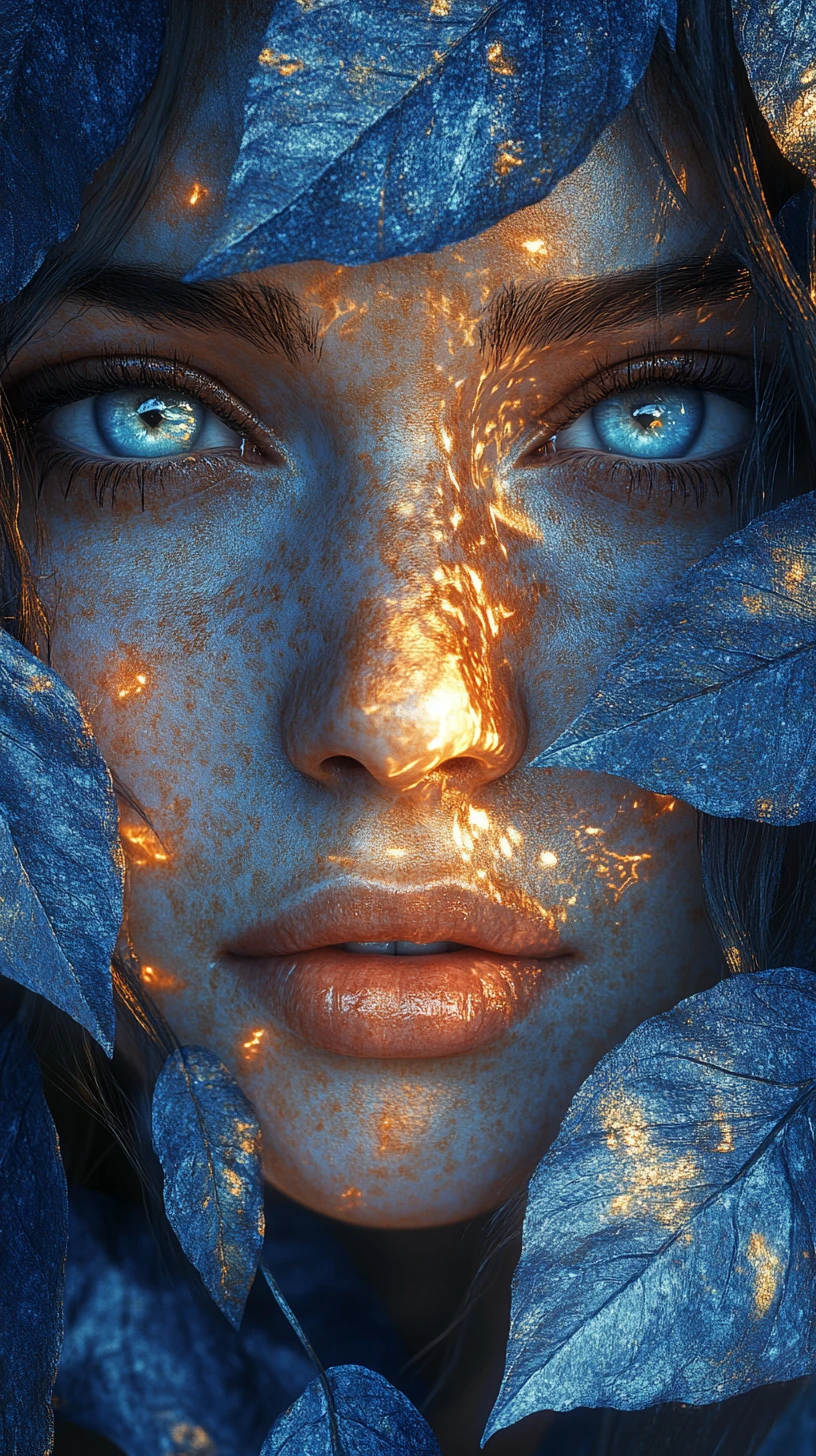 Mystische Frau umrahmt von blauen Blättern und goldenem Licht