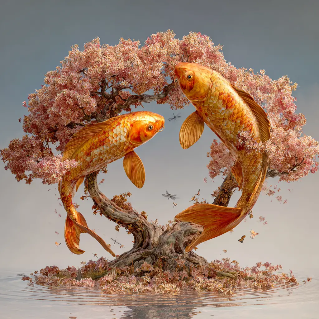 Golden koi circling intertwined cherry trees at dusk