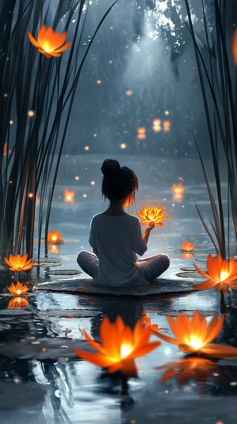 Girl meditating on a lily pad with glowing lotus flowers