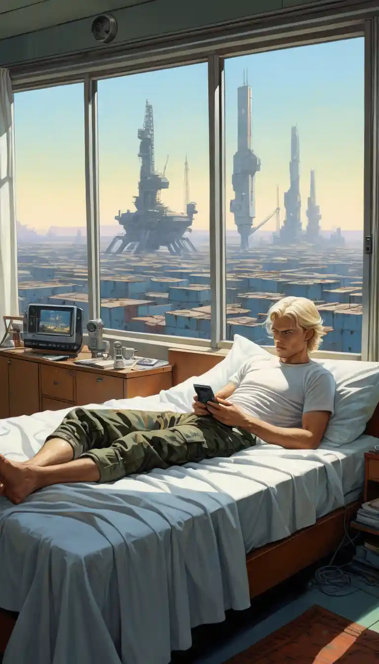 Young man on bed overlooking futuristic industrial harbor