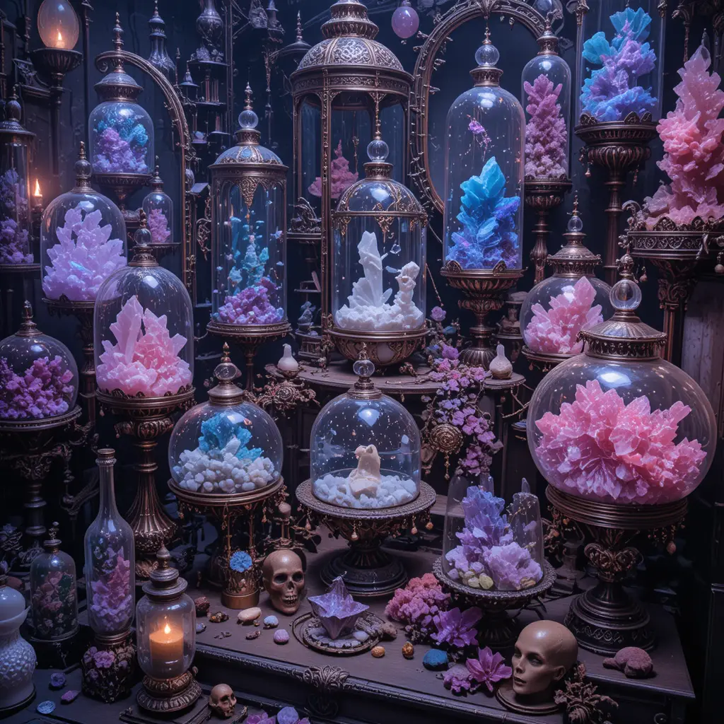 Victorian style crystal cabinets in a mystical curiosity shop