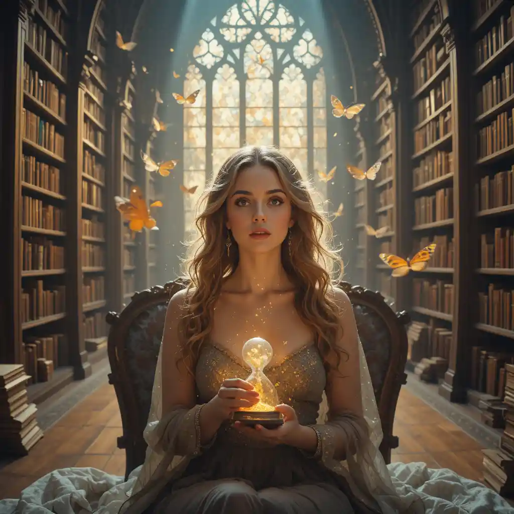 Serene woman with hourglass in endless floating book library