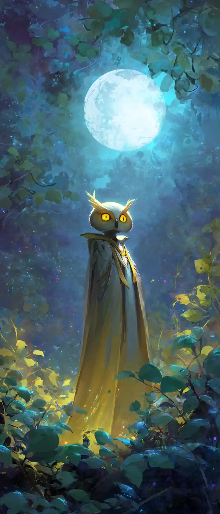 Mystical Owl Sorceress Under The Full Moon In Forest