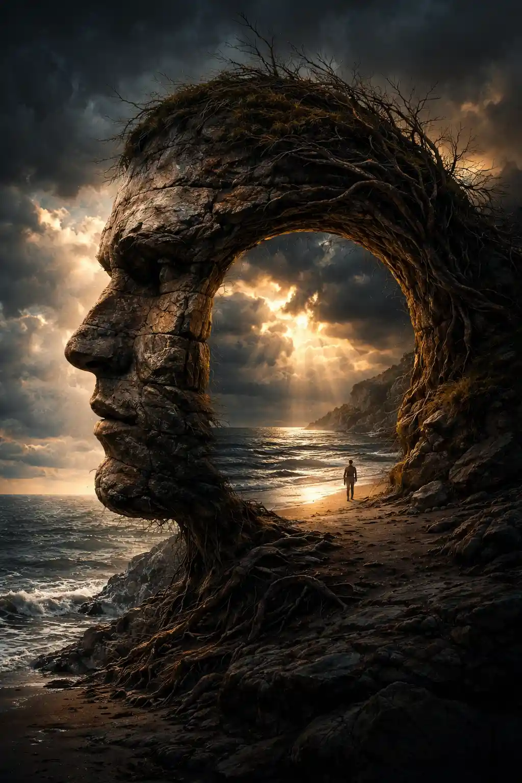 Surreal stone face profile opening onto a stormy shore