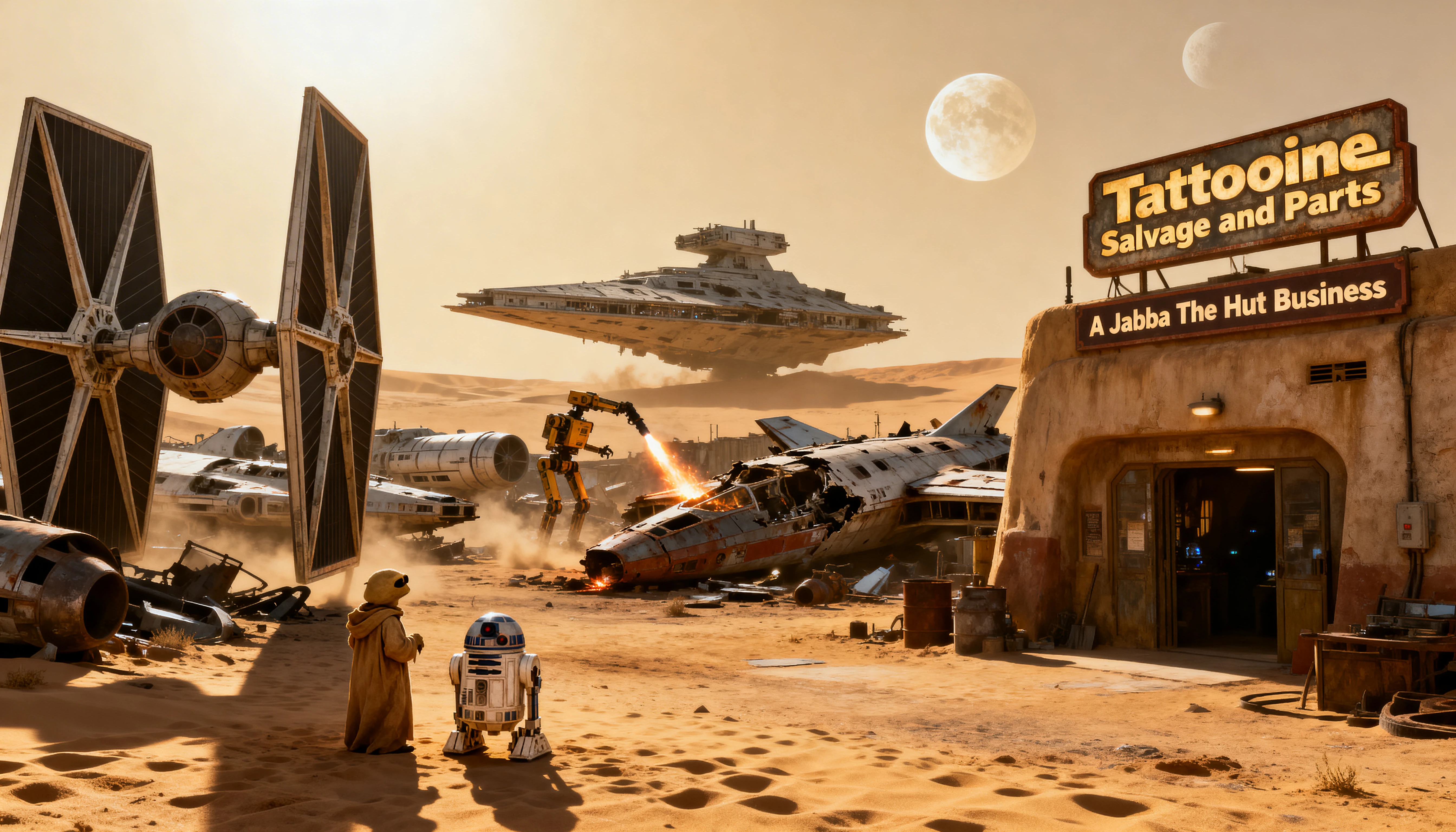 Spaceship Junkyard On A Desert Planet With Twin Moons