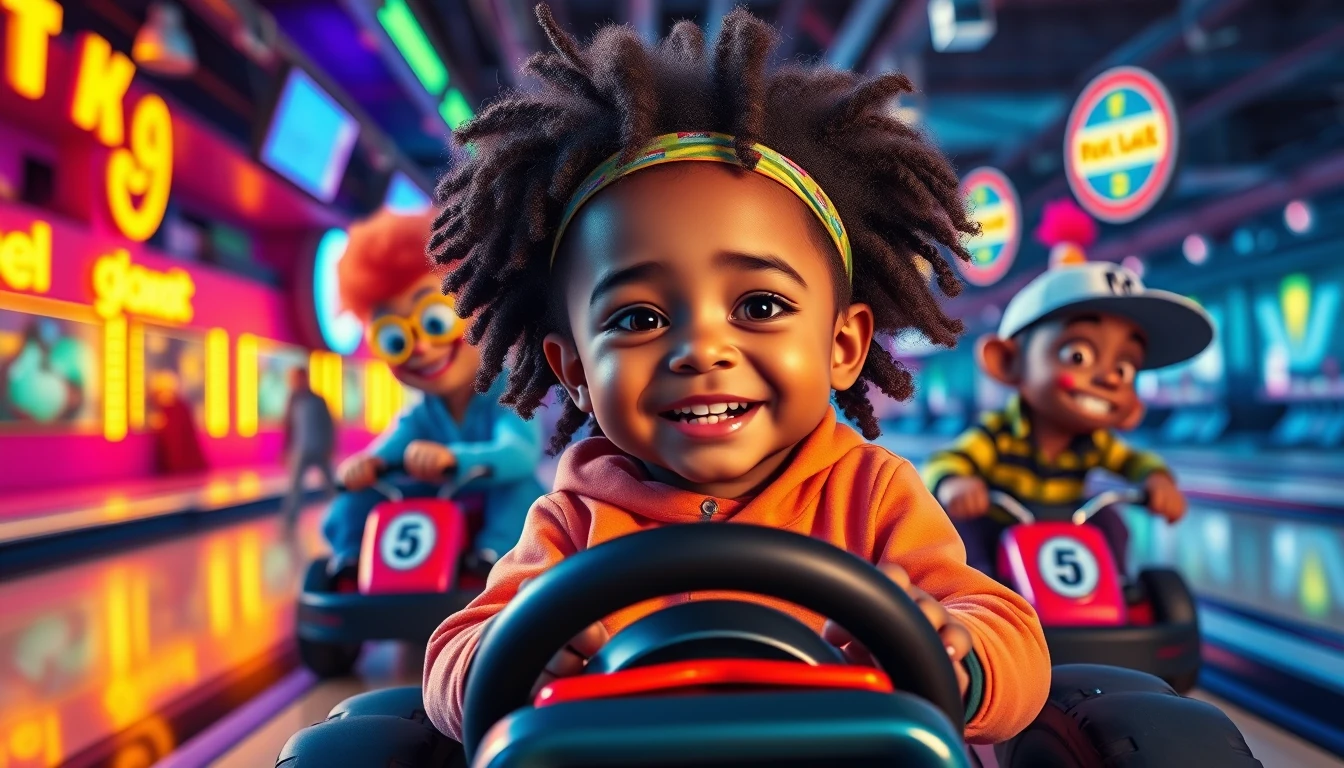Niño sonriente en una escena de discoteca neón estilo caricatura