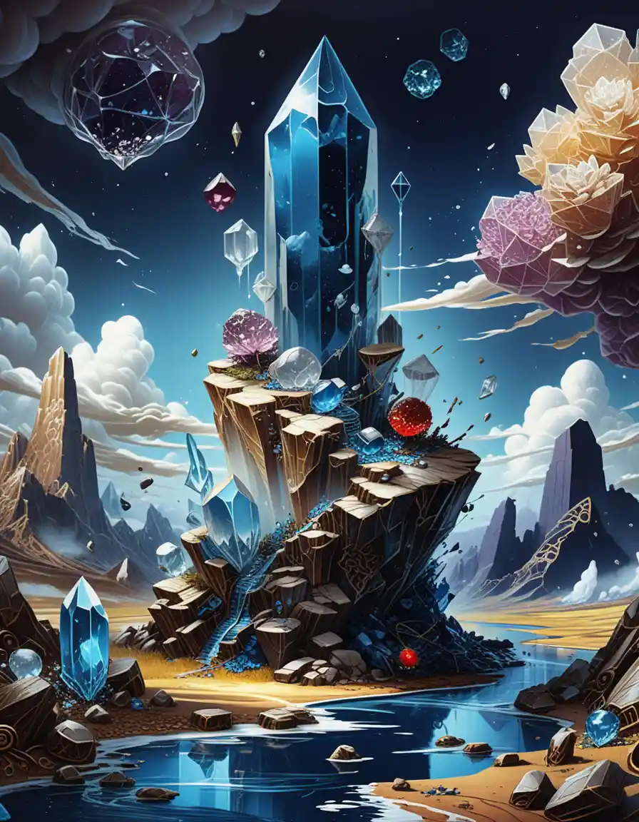 Paesaggio fantasy surreale con cristalli giganti che emergono dal terreno