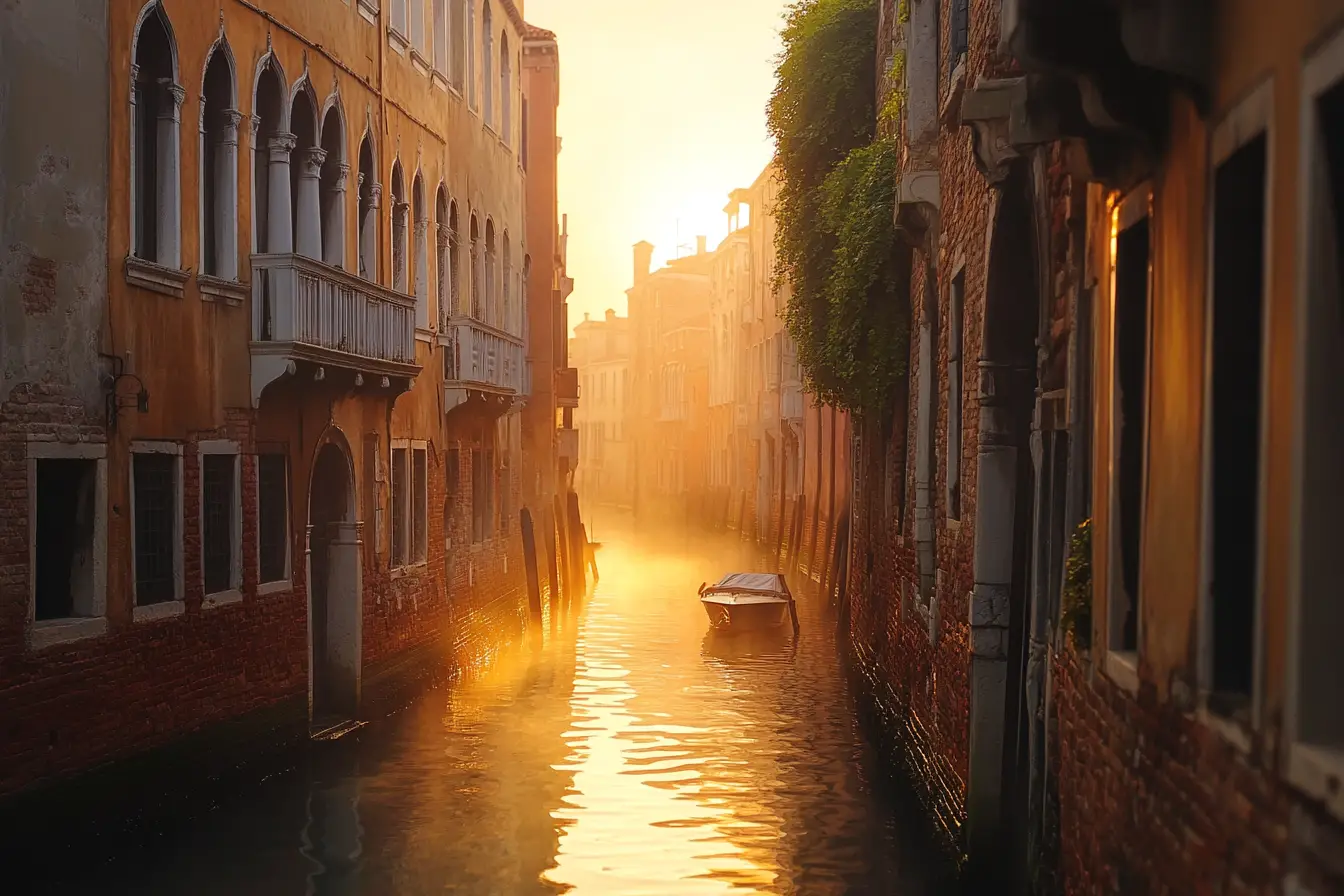 Canale di Venezia che brilla nella foschia dorata del tramonto