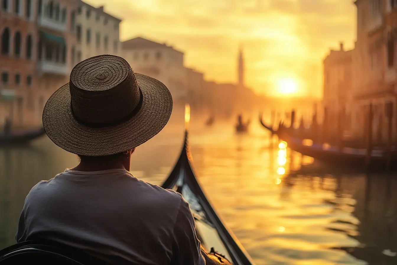 Man on a venice gondola at sunset over the canal