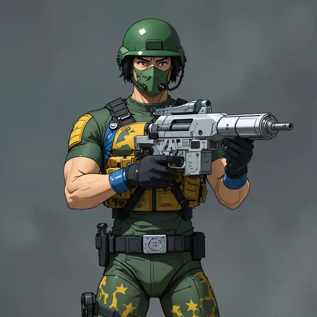 Anime soldier with green armor and futuristic laser blaster