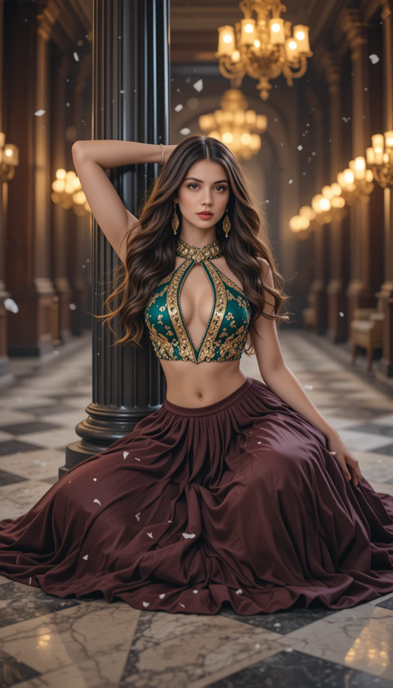 Elegant woman in emerald and maroon on palace floor