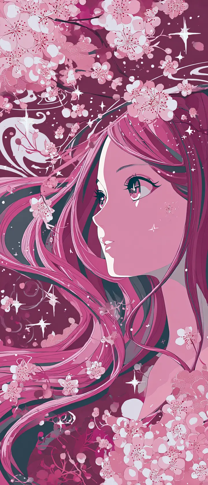 Anime idol singer with flowing cherry blossom hair
