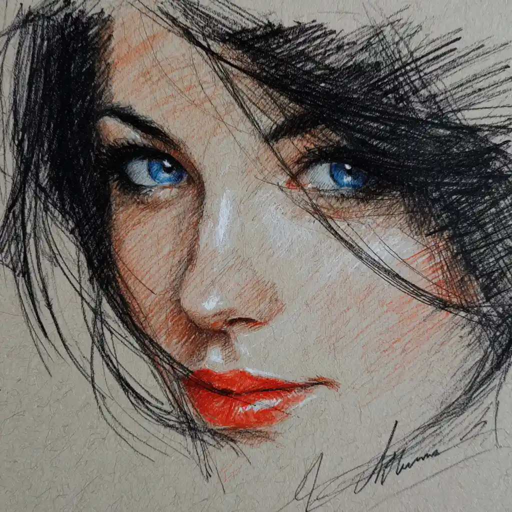 Color pencil close up portrait of a woman on paper