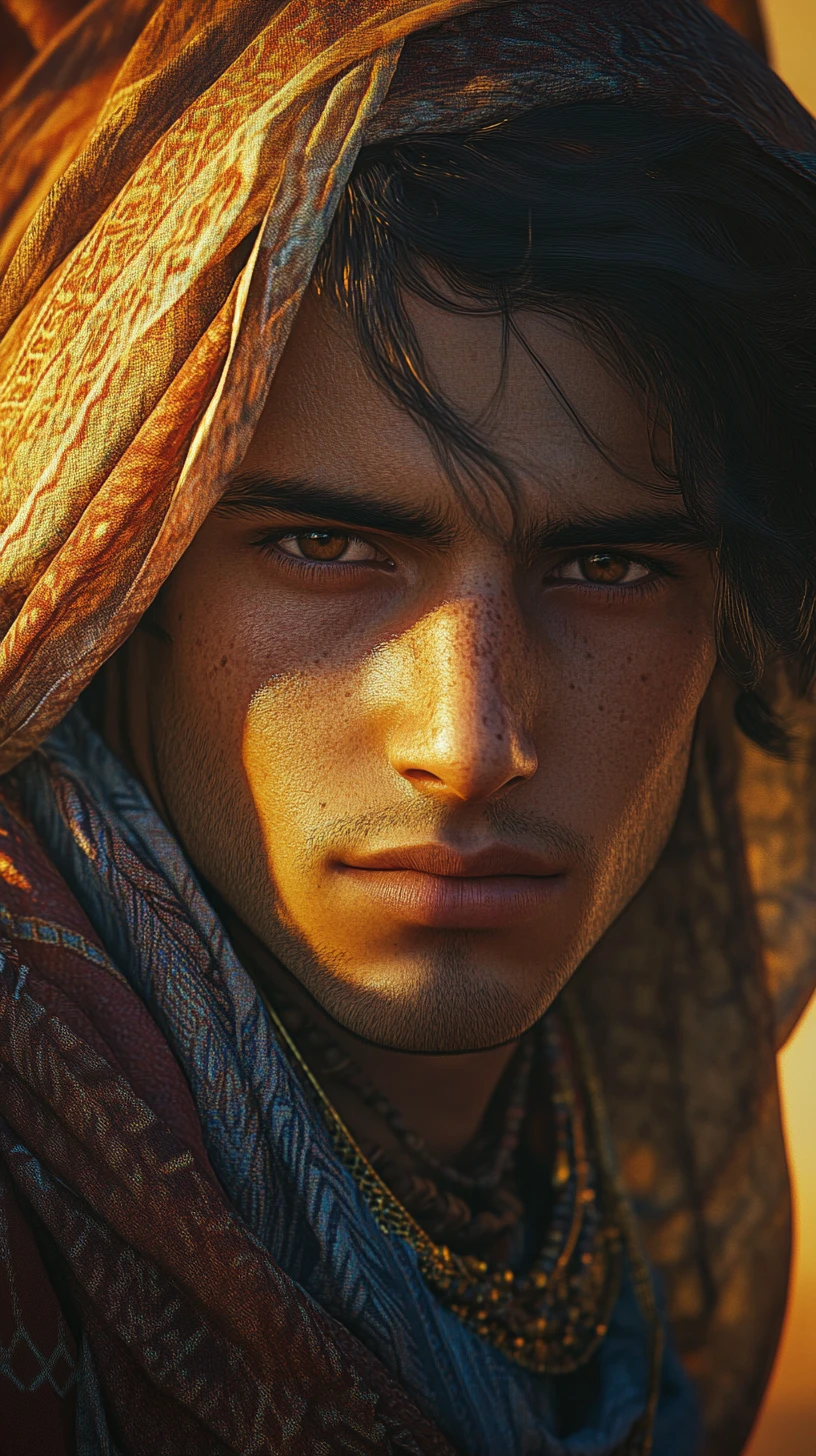 Berber man close up in traditional clothing at sunset