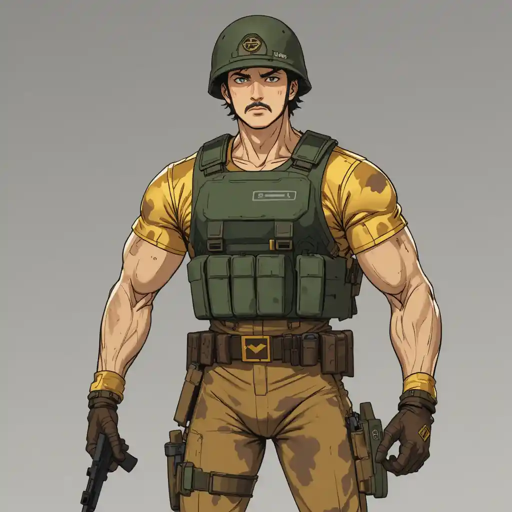 Capitano dell’esercito in stile anime con gilet tattico e uniforme maculata