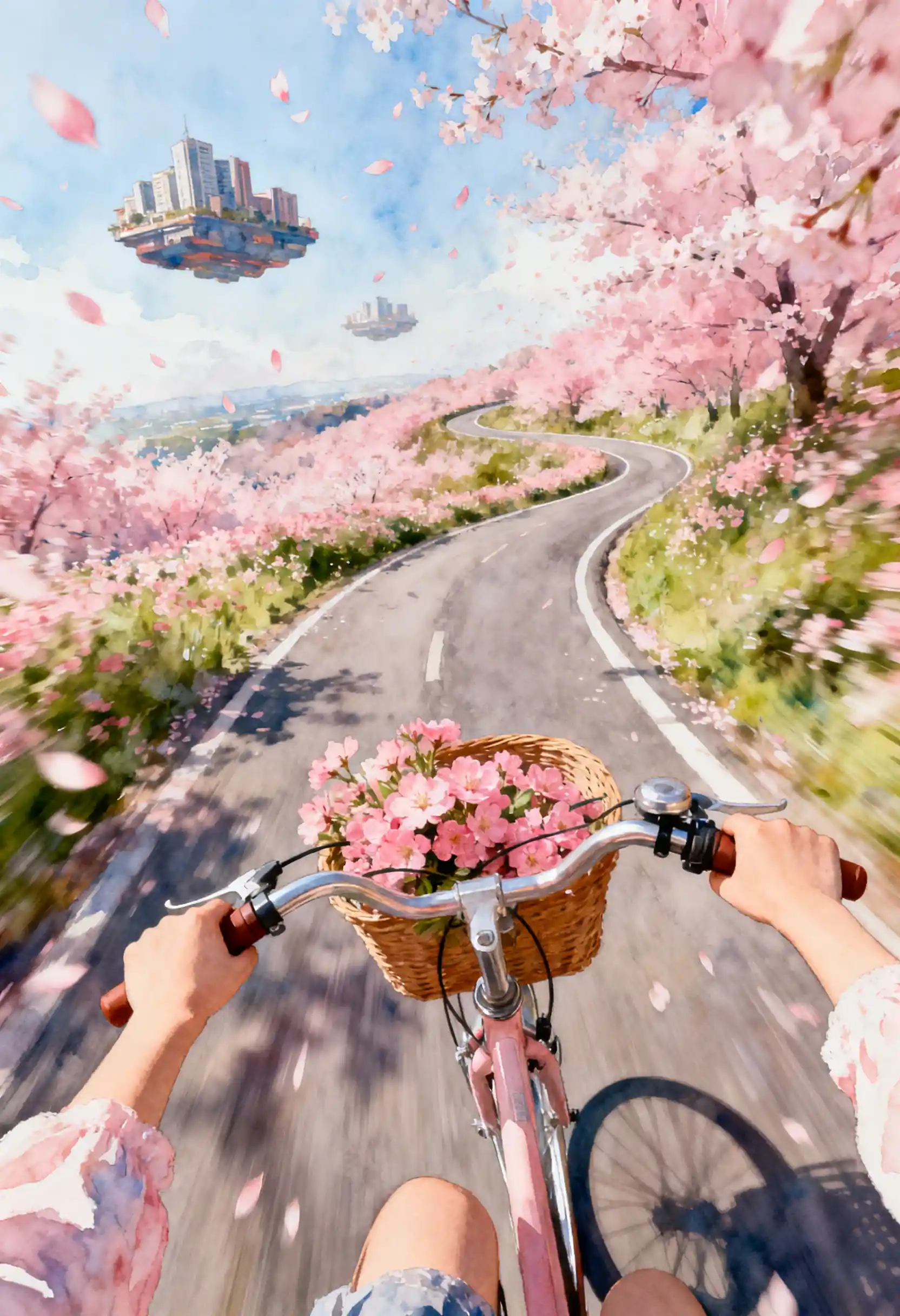 First person view of girl cycling through pink flower field
