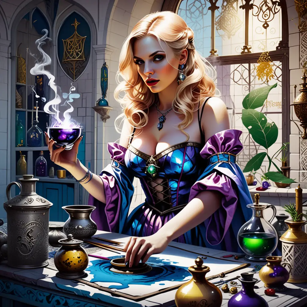 Strega moderna bionda che crea pozioni in un colorato negozio di magia