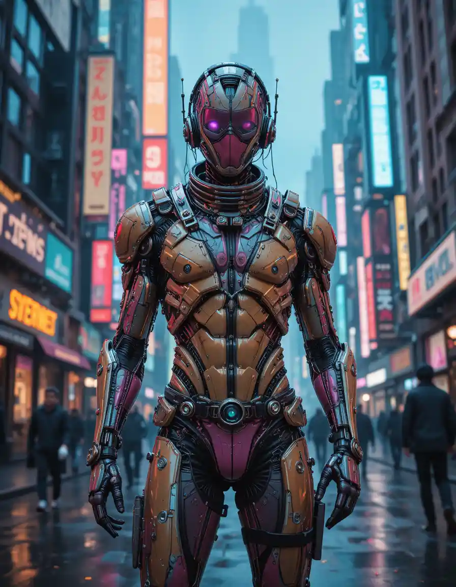 Cyborg-Mann posiert in einer neonbeleuchteten Cyberpunk-Metropole