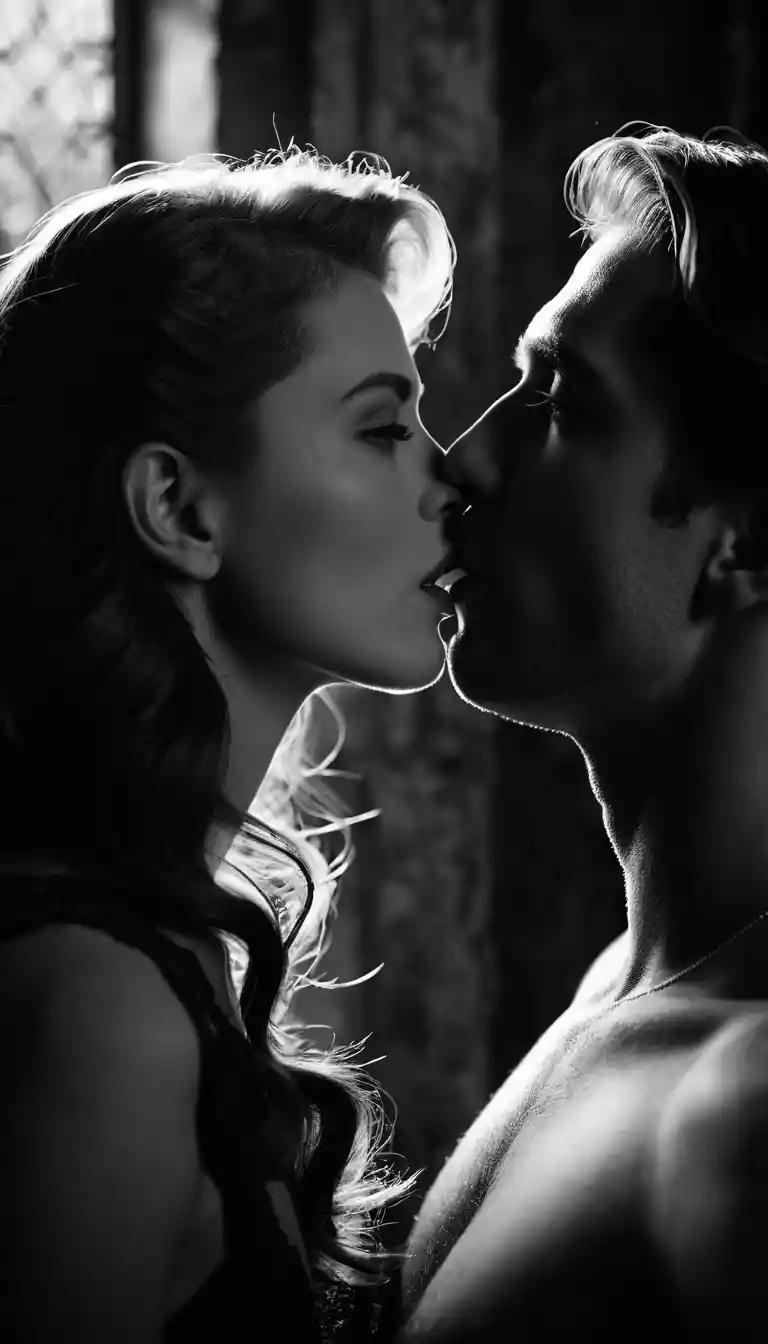 Bacio intimo in primo piano in un antico scenario cinematografico