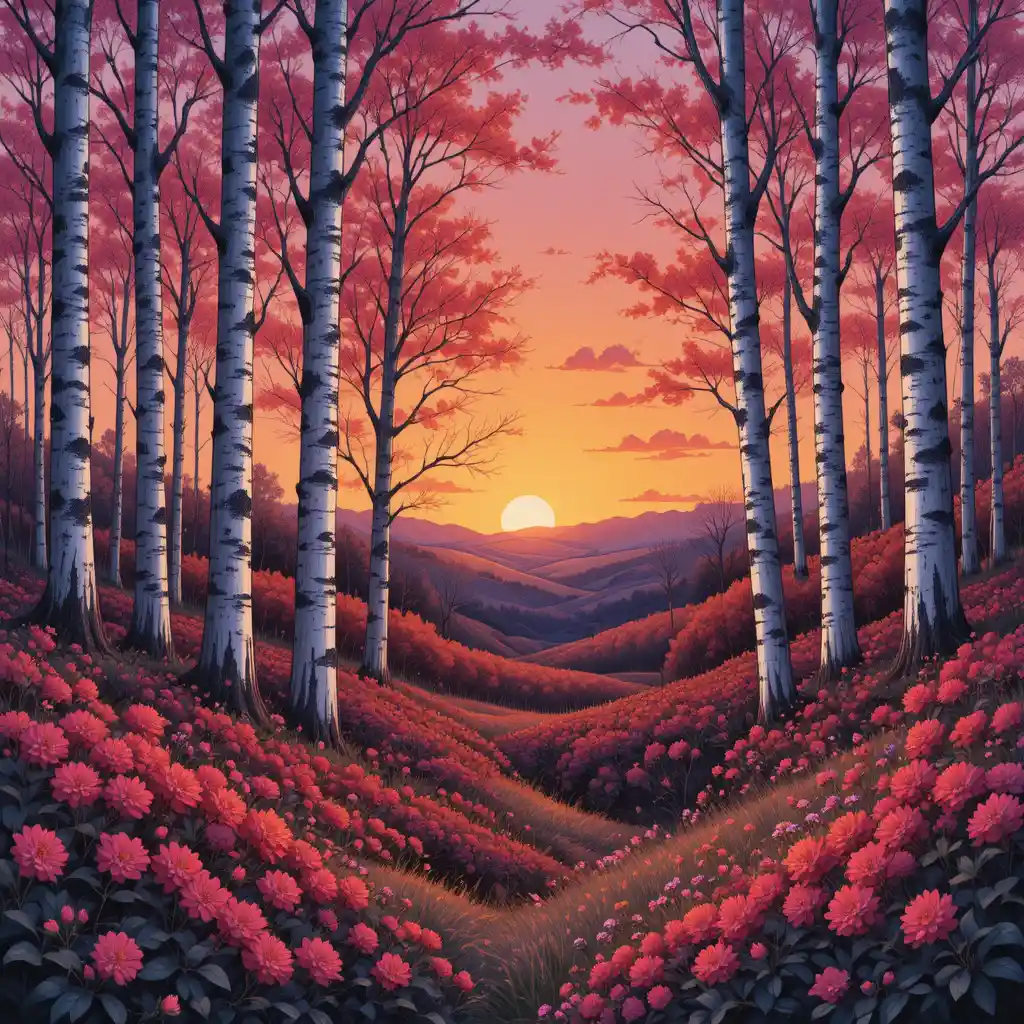 Bosco di betulle primaverile al tramonto con fiori di mimosa luminosi