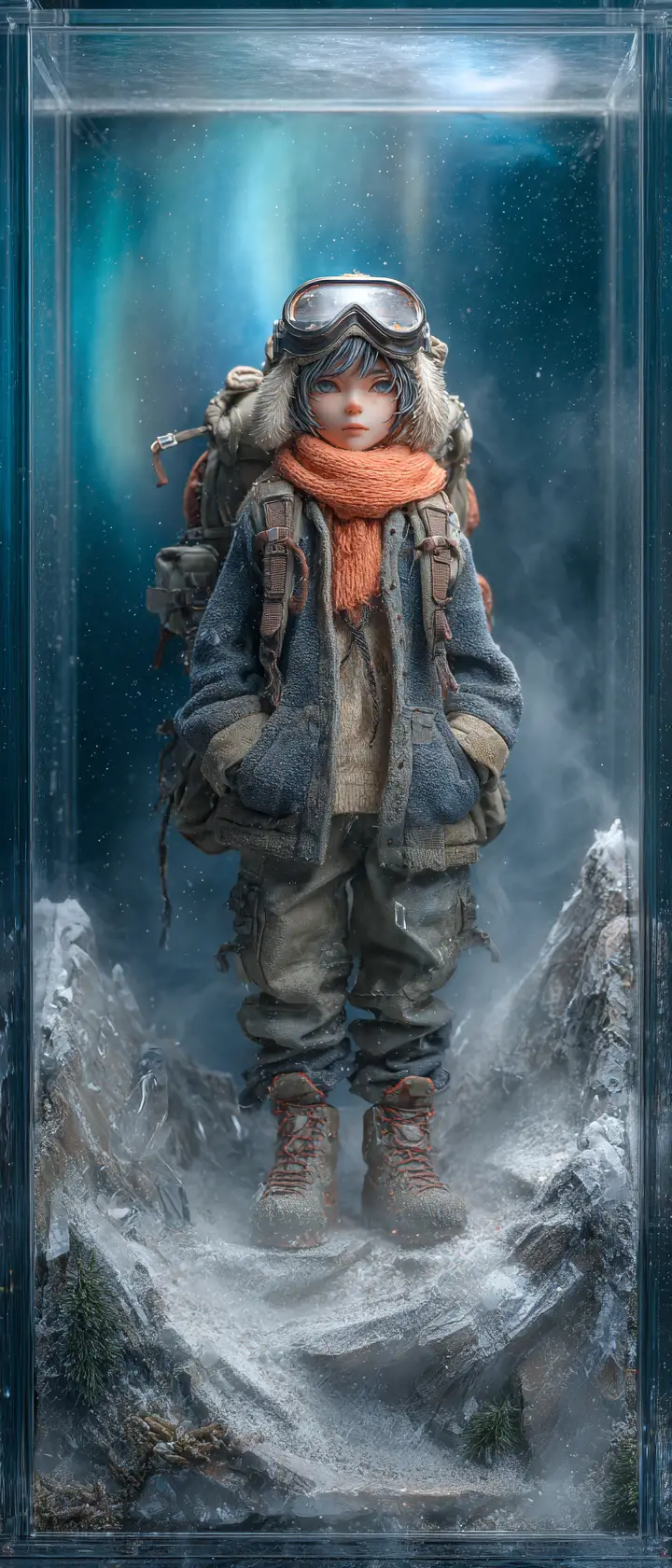 Melancholic anime boy explorer in snowy diorama scene