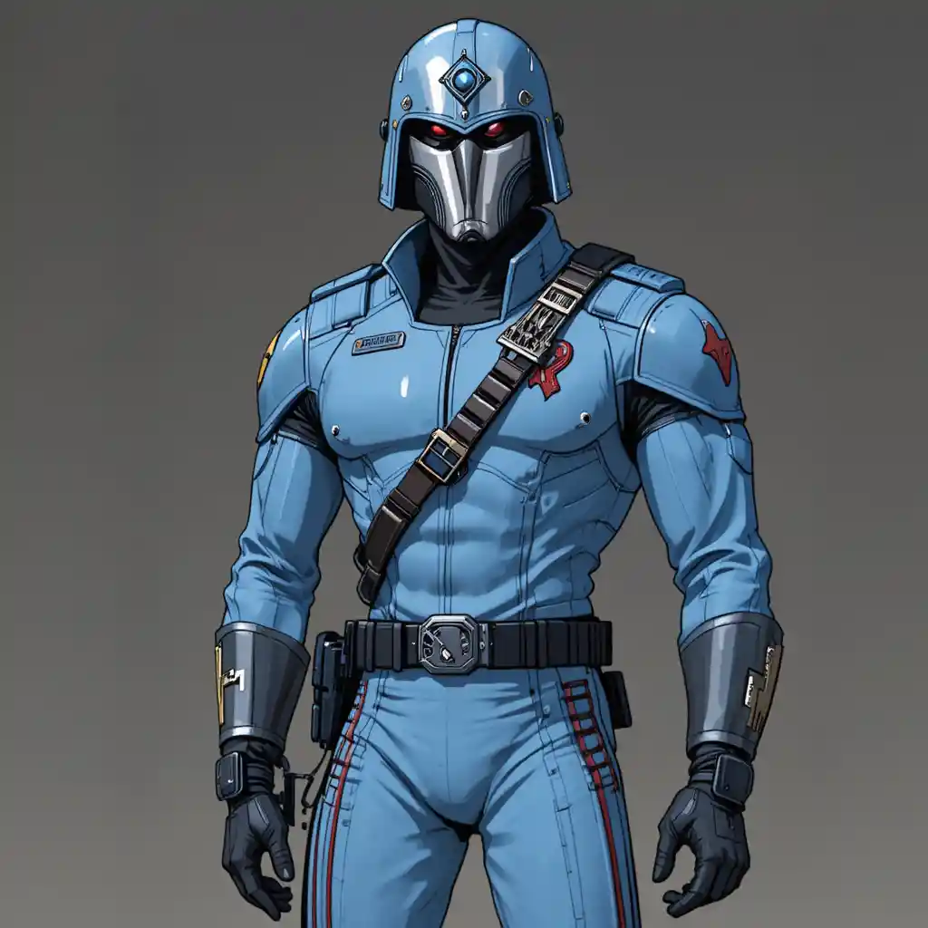 Anime-Militärführer mit blauem Helm und Uniform